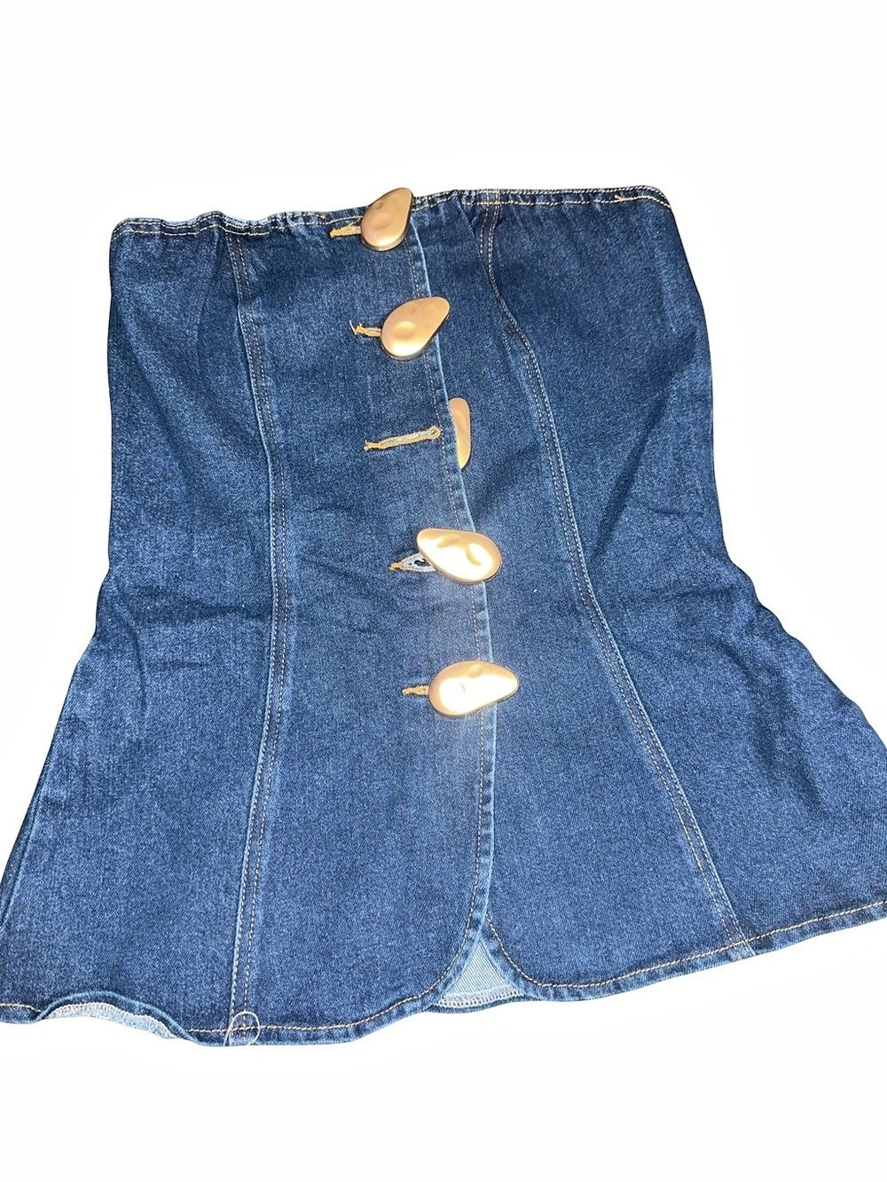 Meshki Blue Denim Strapless Button Peplum Top Like New